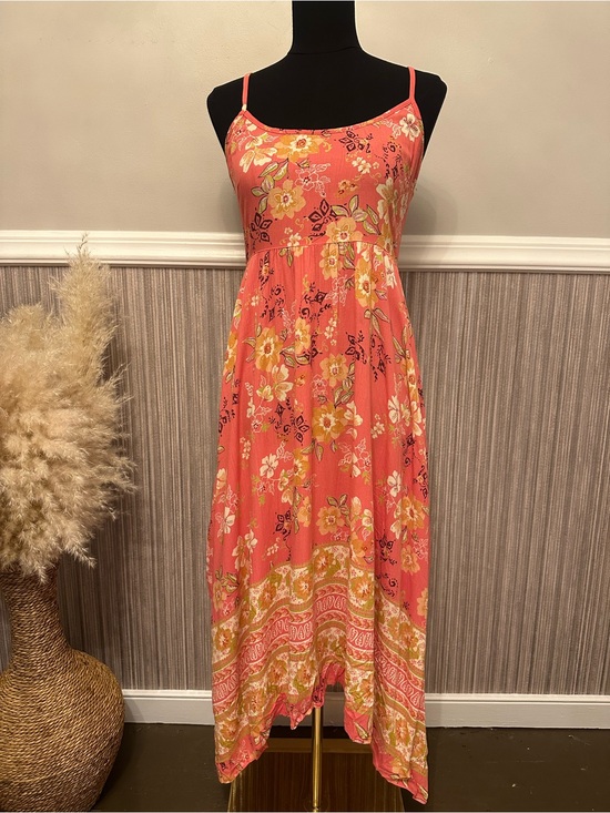 Angie Dresses & Skirts - Angie Coral Floral Handkerchief Hem Midi Dress Boho Sundress Size Small